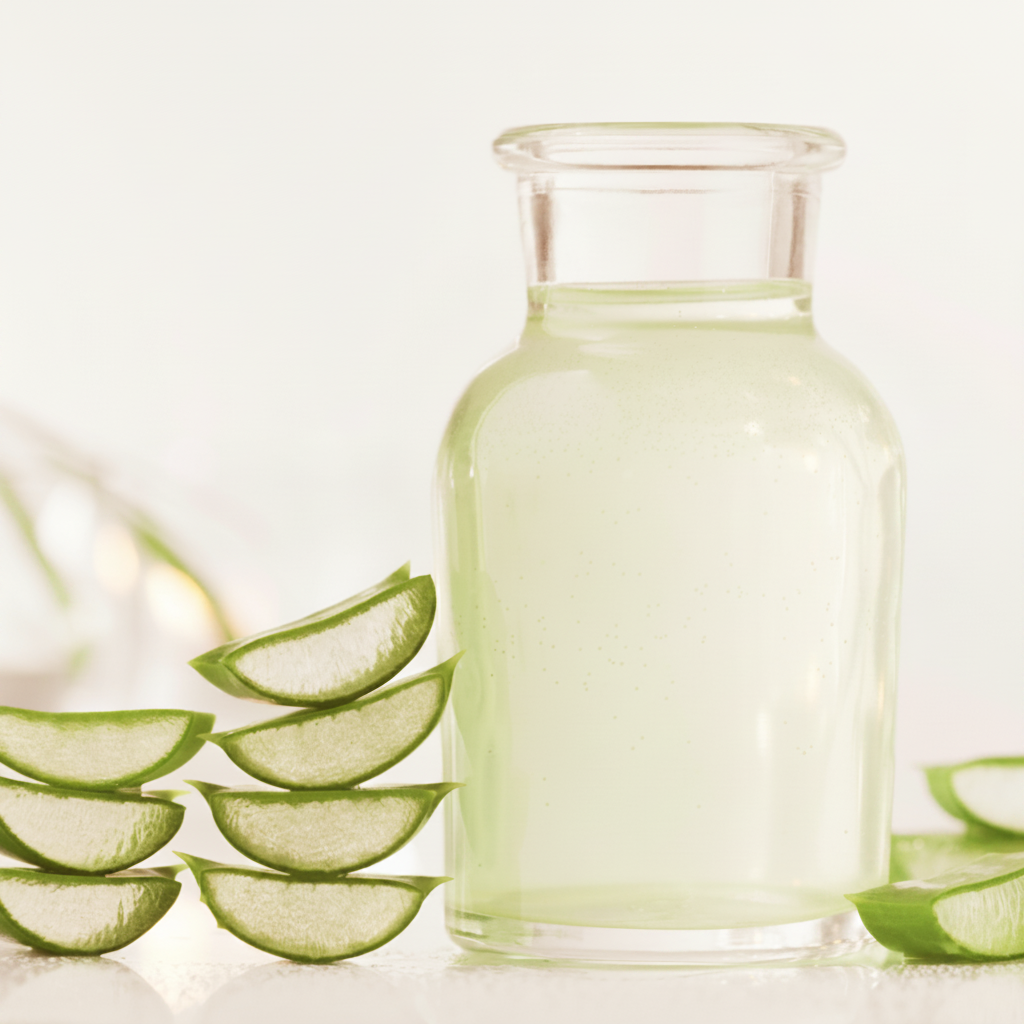 Clear glass bottle with sliced aloe vera leaves on a light background